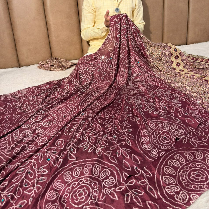 Maroon Gaji Silk Bandhani Print And Mirror Saree