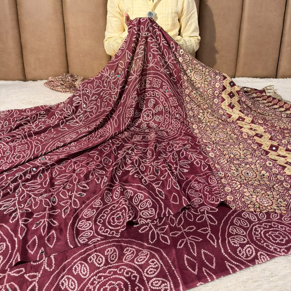 Maroon Gaji Silk Bandhani Print And Mirror Saree