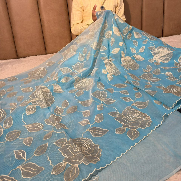 Firozi Blue Kota Weave Appliqué Work Banarasi Saree