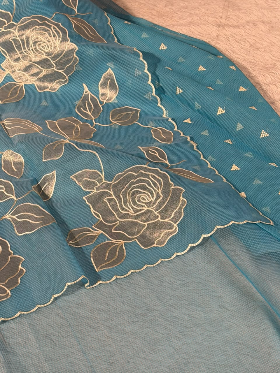 Firozi Blue Kota Weave Appliqué Work Banarasi Saree