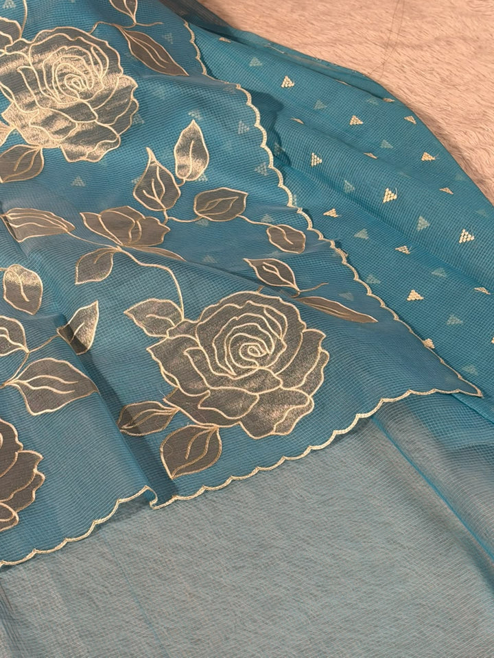 Firozi Blue Kota Weave Appliqué Work Banarasi Saree