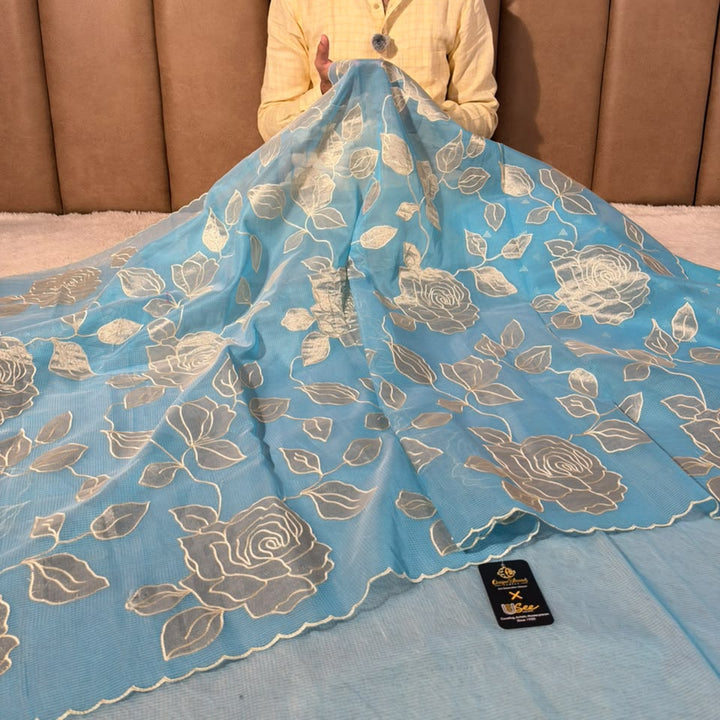 Firozi Blue Kota Weave Appliqué Work Banarasi Saree