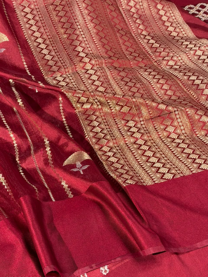 Dusty Maroon Heritage Chinia Silk Banarasi Saree