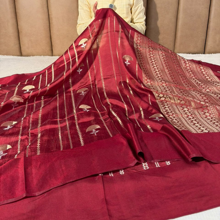 Dusty Maroon Heritage Chinia Silk Banarasi Saree