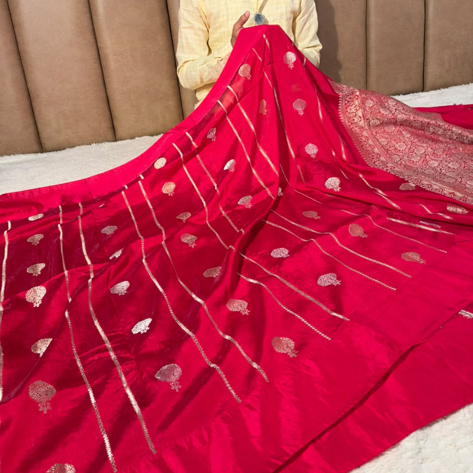 Dark Rani Contemporary Chinia Silk Banarasi Saree