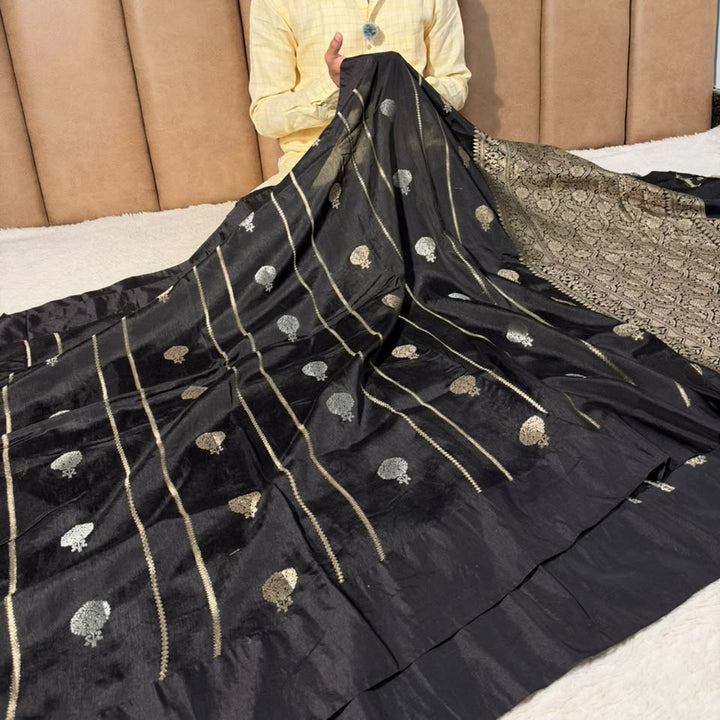 Jet Black Contemporary Chinia Silk Banarasi Saree