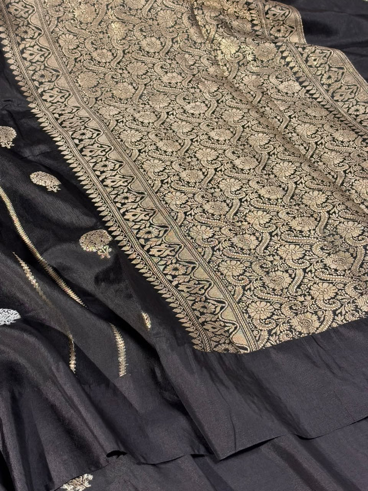 Jet Black Contemporary Chinia Silk Banarasi Saree