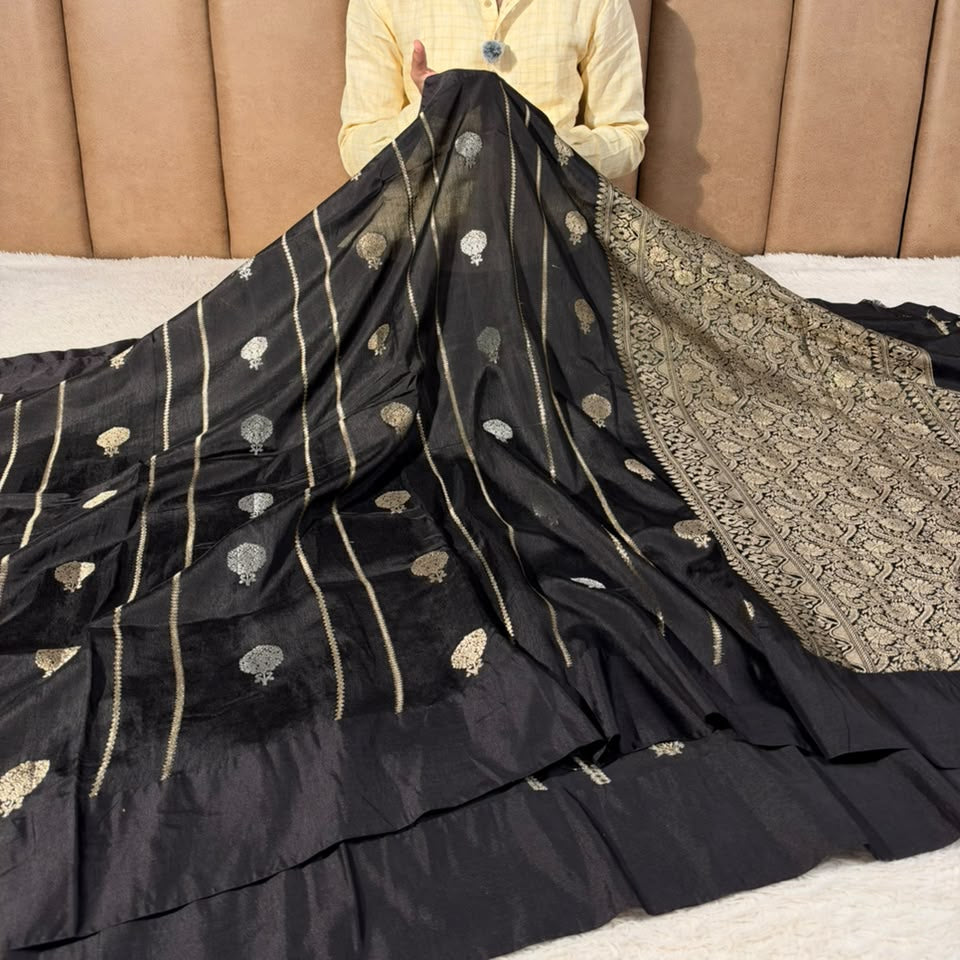 Jet Black Contemporary Chinia Silk Banarasi Saree