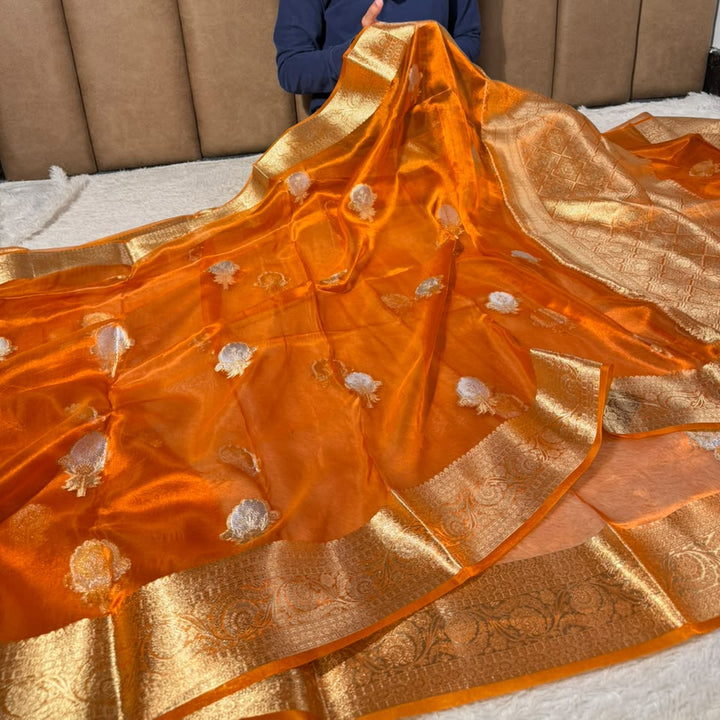 Metallic Orange Pure Tissue Silk Banarasi Saree