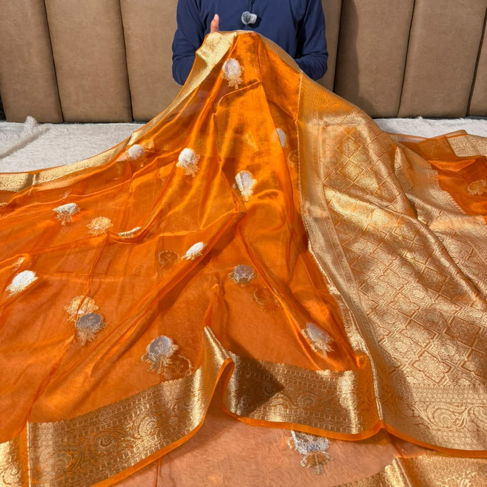 Metallic Orange Pure Tissue Silk Banarasi Saree
