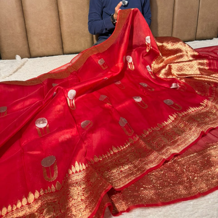 Bright Red Pure Kora Silk Handloom Banarasi Saree
