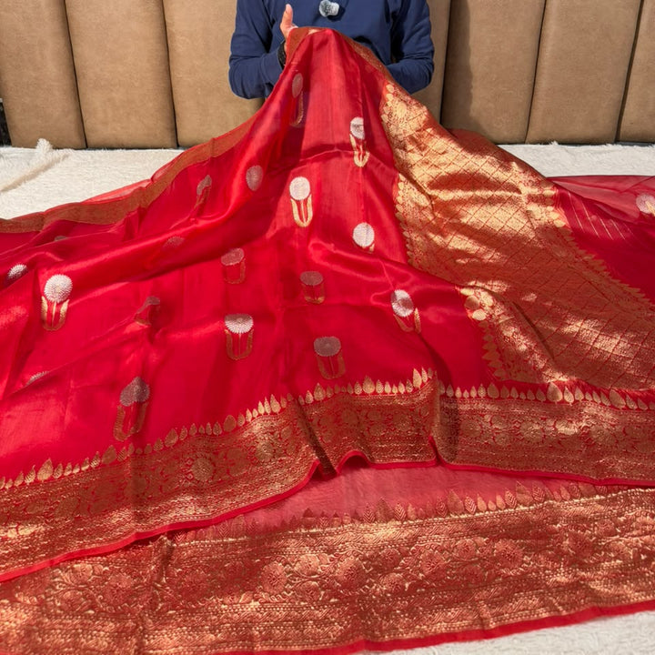 Bright Red Pure Kora Silk Handloom Banarasi Saree