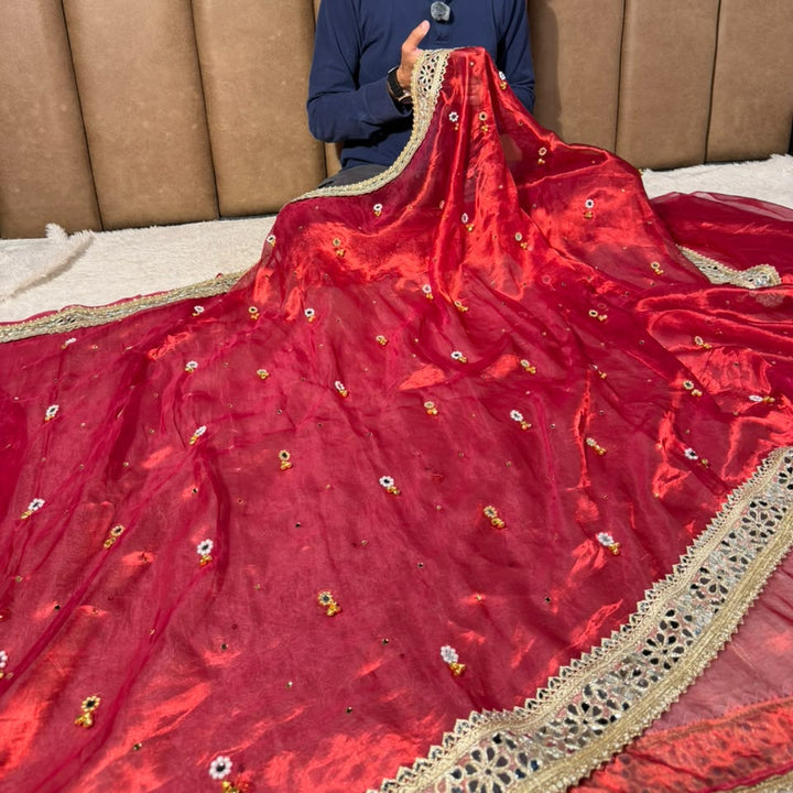 Carmine Red Pure Tissue Silk Ghungroo Mirror Work Saree