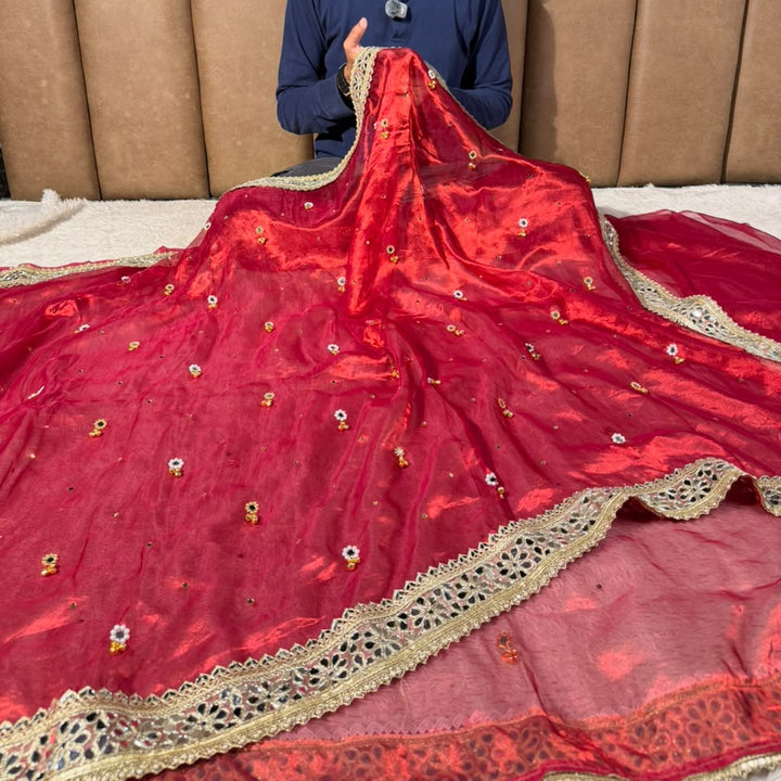 Carmine Red Pure Tissue Silk Ghungroo Mirror Work Saree