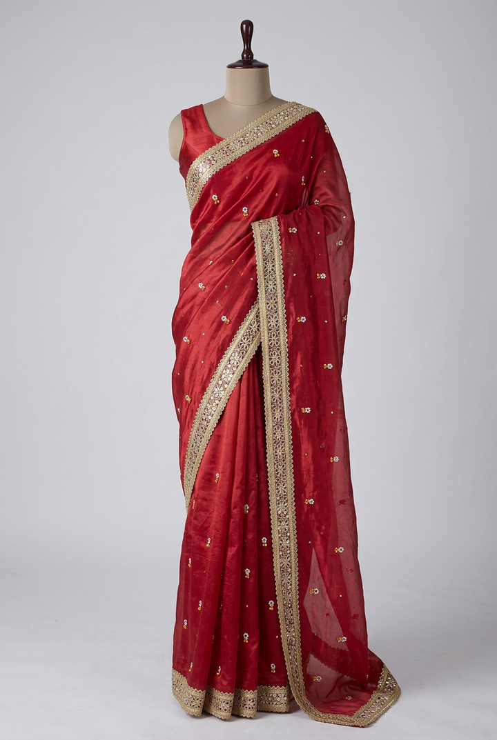 Carmine Red Pure Tissue Silk Ghungroo Mirror Work Saree