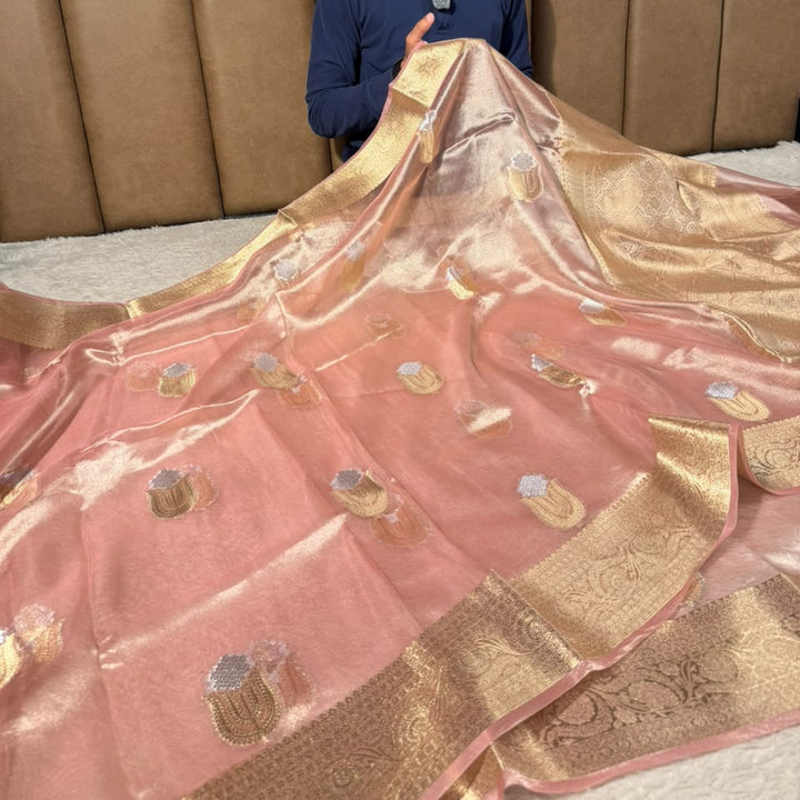 Light Peach Pure Tissue Silk Heritage Banarasi Saree