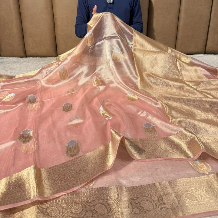 Light Peach Pure Tissue Silk Heritage Banarasi Saree