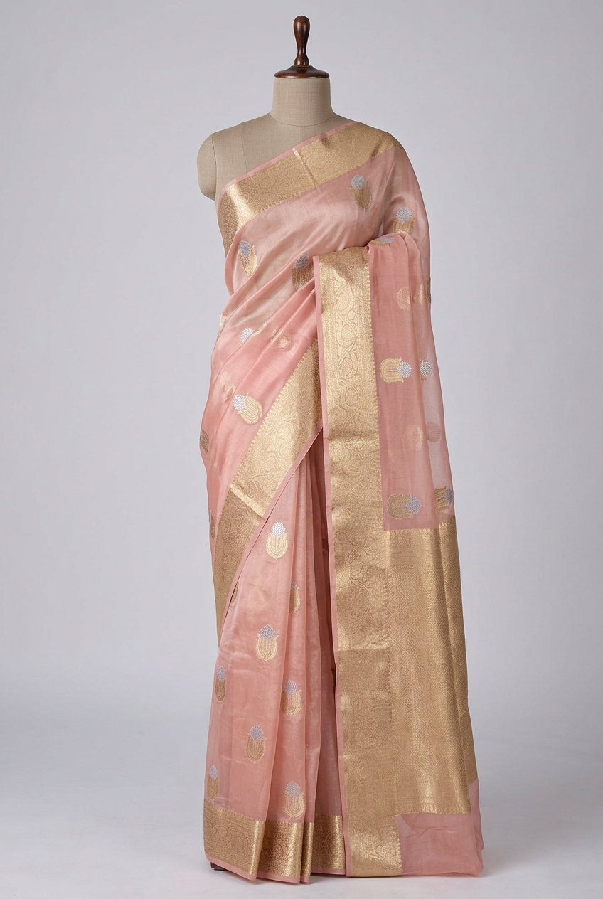 Light Peach Pure Tissue Silk Heritage Banarasi Saree