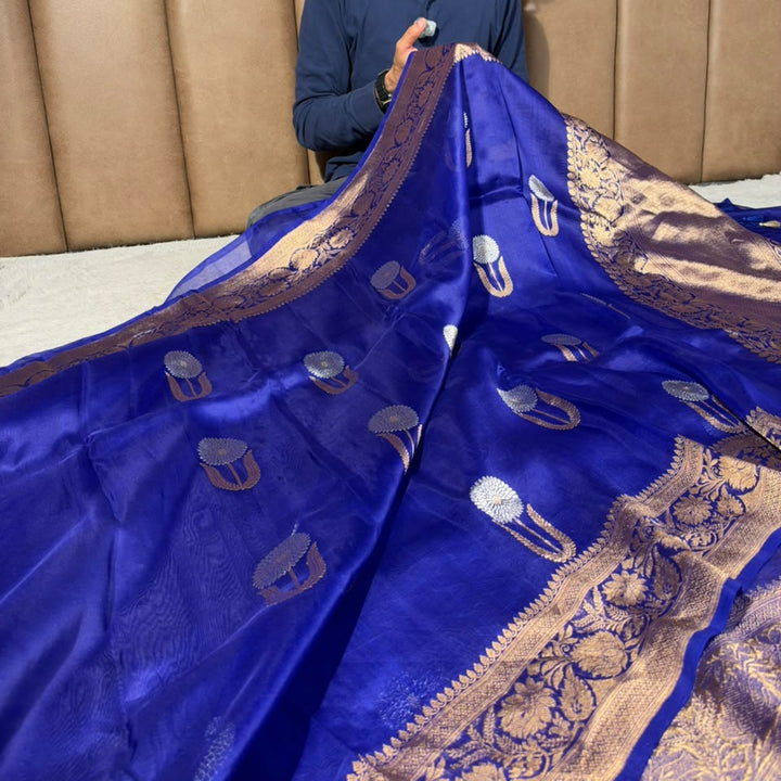 Royal Blue Pure Kora Silk Handloom Banarasi Saree