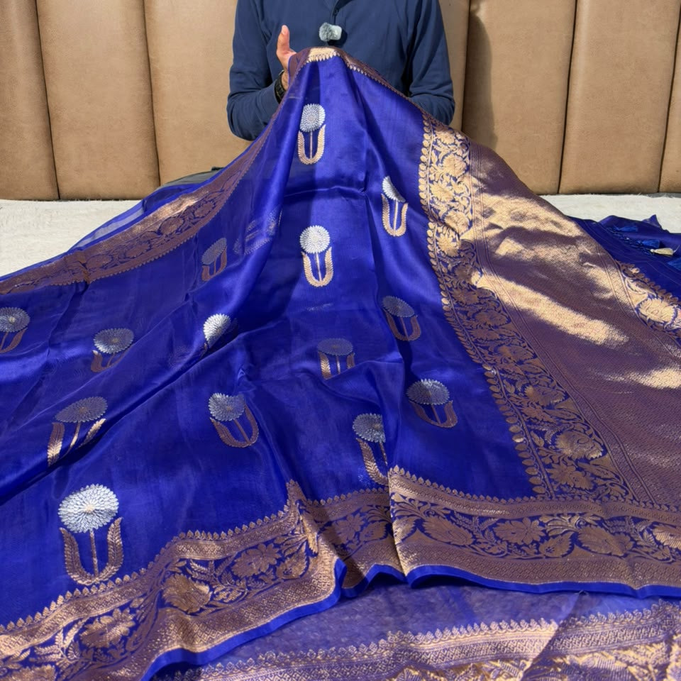 Royal Blue Pure Kora Silk Handloom Banarasi Saree