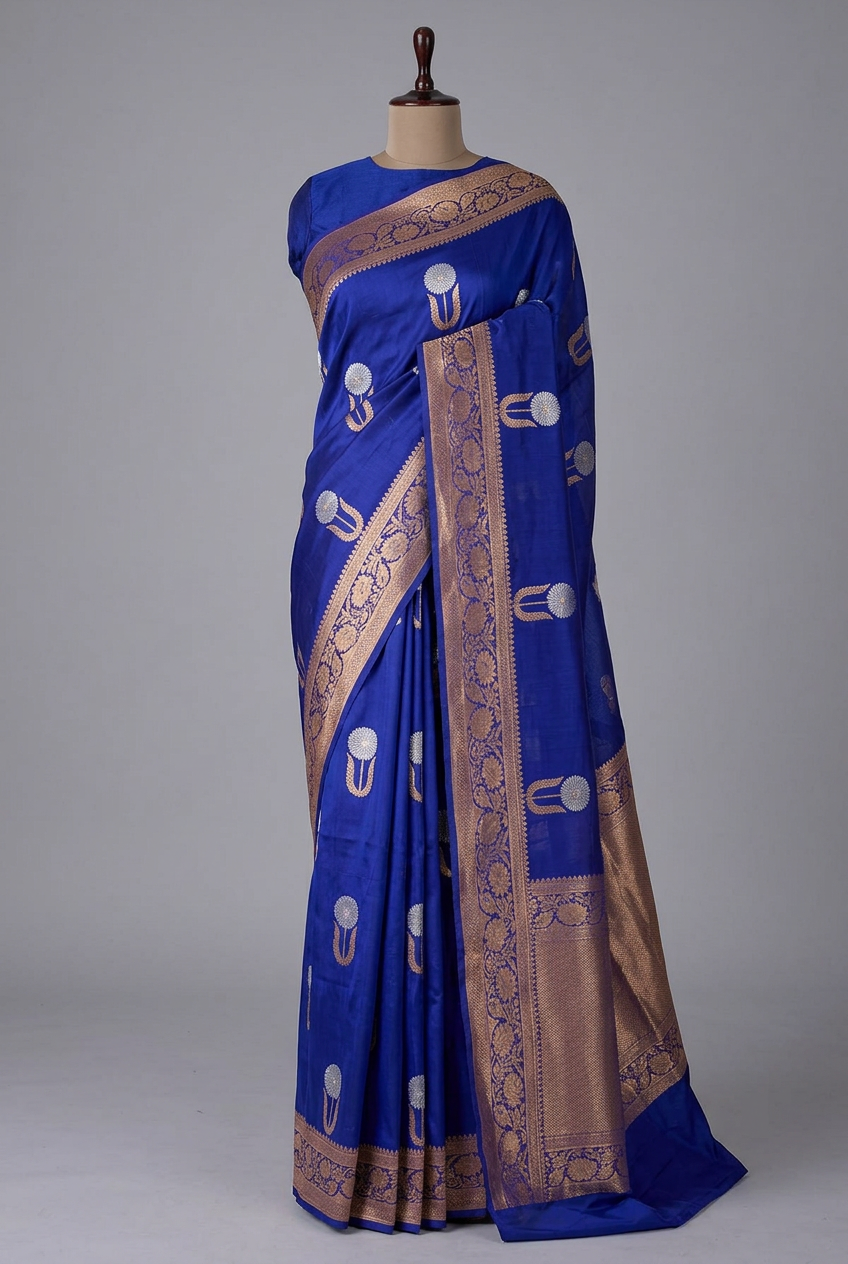Royal Blue Pure Kora Silk Handloom Banarasi Saree