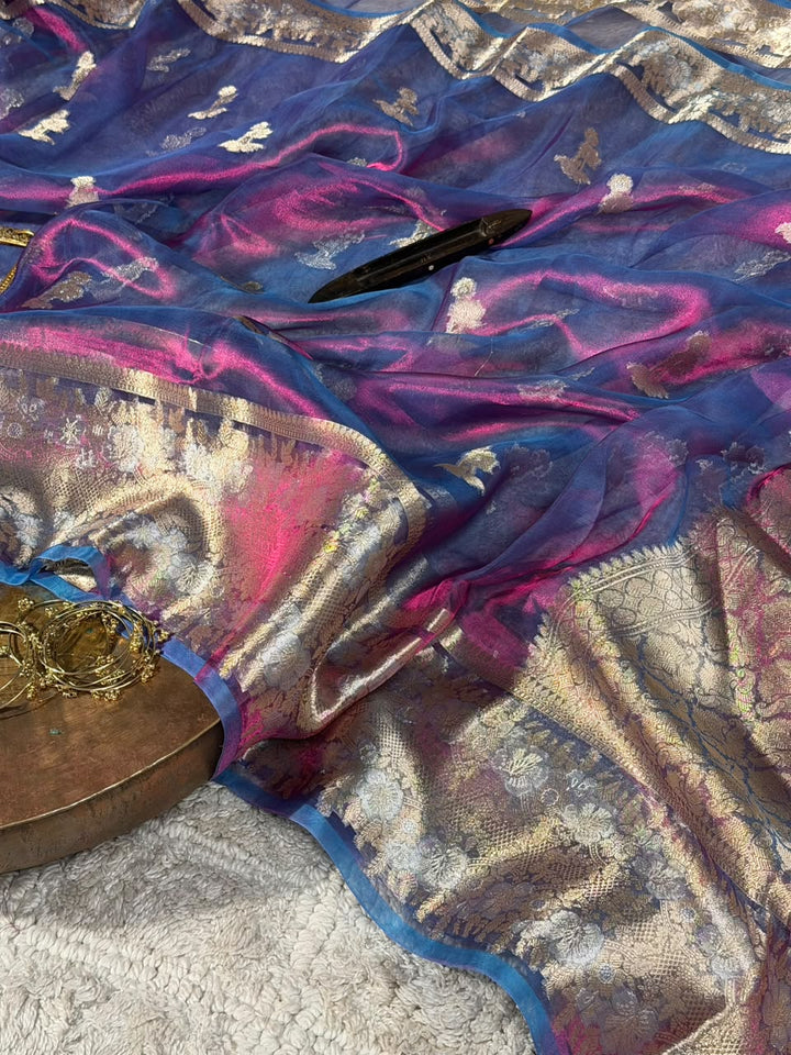 Dhoop Chaon German Blue Pure Tissue Silk Banarasi Saree