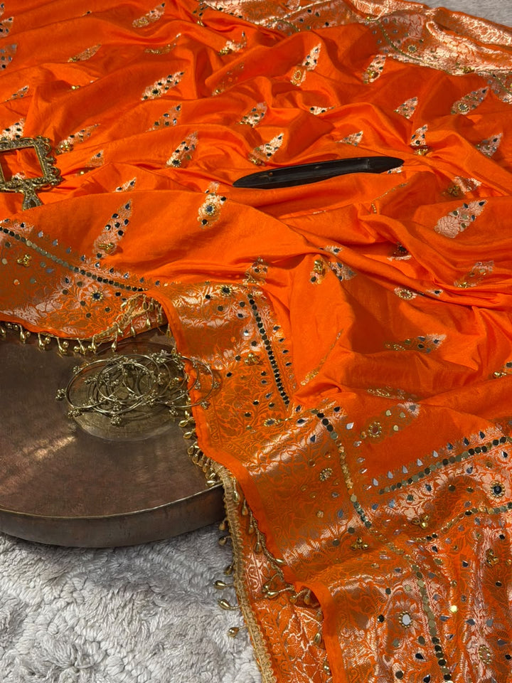 Bright Orange Chinia Silk Ghungroo Mirror Work Saree