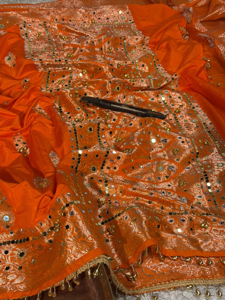 Bright Orange Chinia Silk Ghungroo Mirror Work Saree