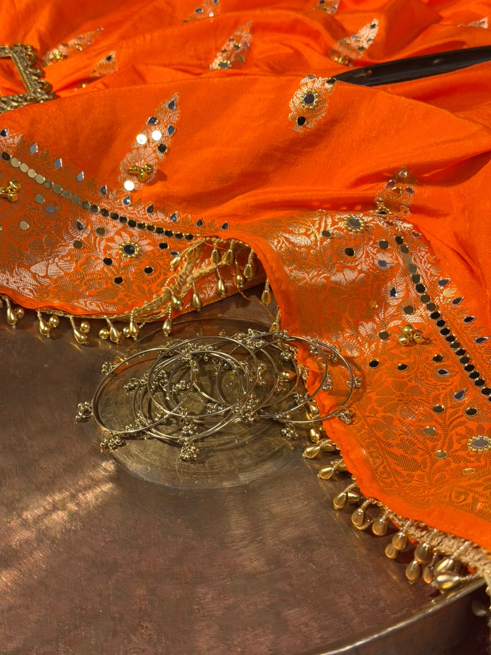 Bright Orange Chinia Silk Ghungroo Mirror Work Saree