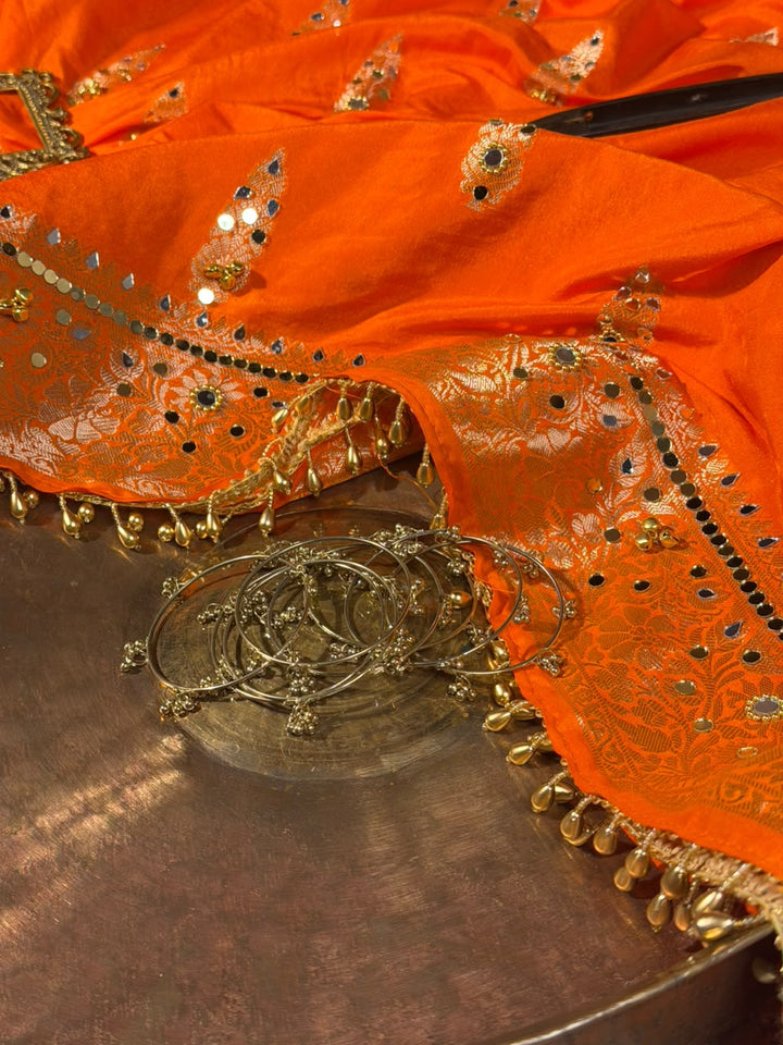 Bright Orange Chinia Silk Ghungroo Mirror Work Saree