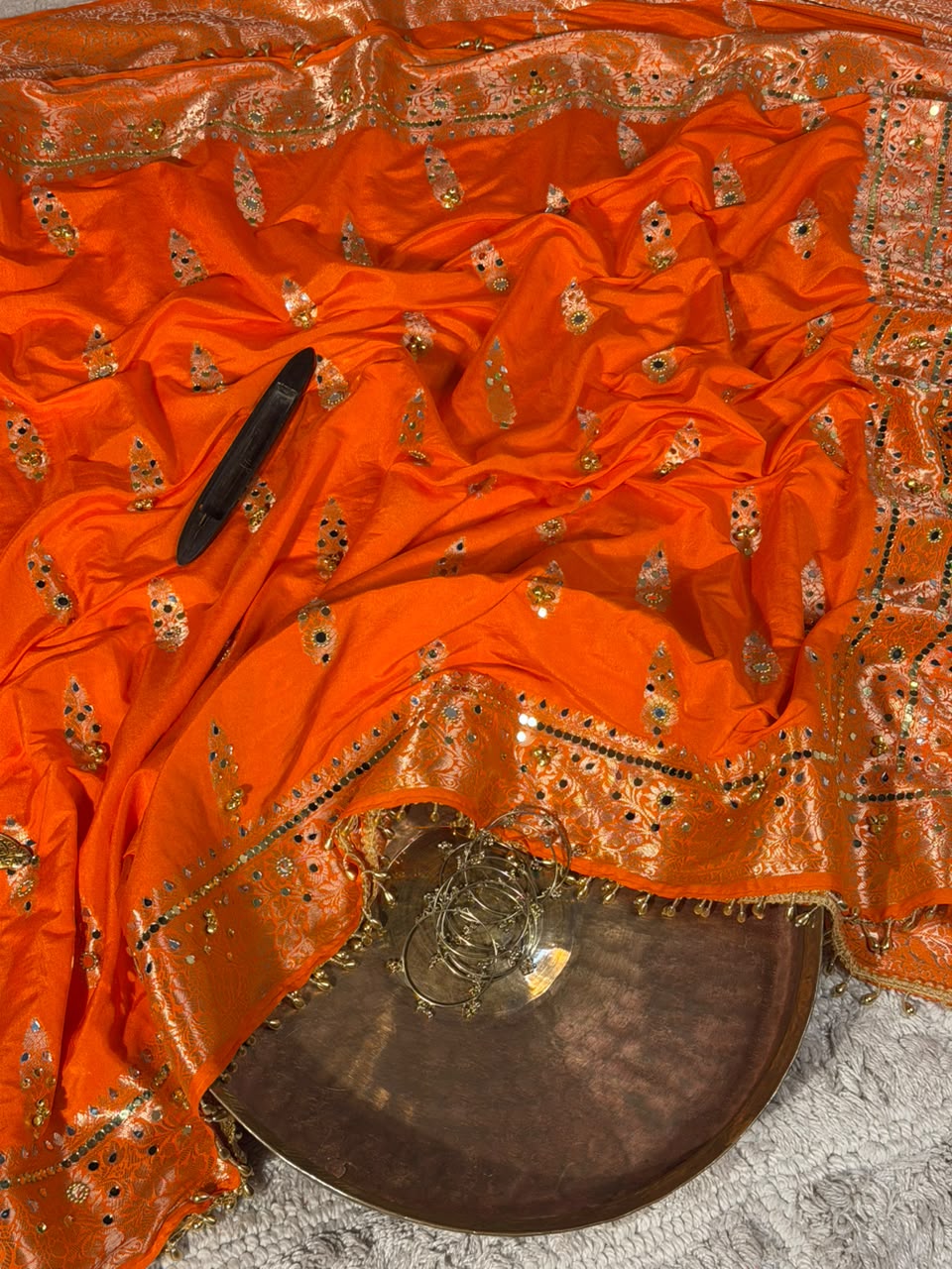 Bright Orange Chinia Silk Ghungroo Mirror Work Saree