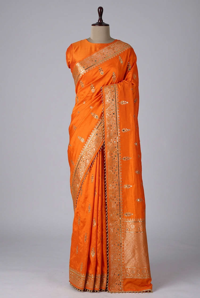 Bright Orange Chinia Silk Ghungroo Mirror Work Saree