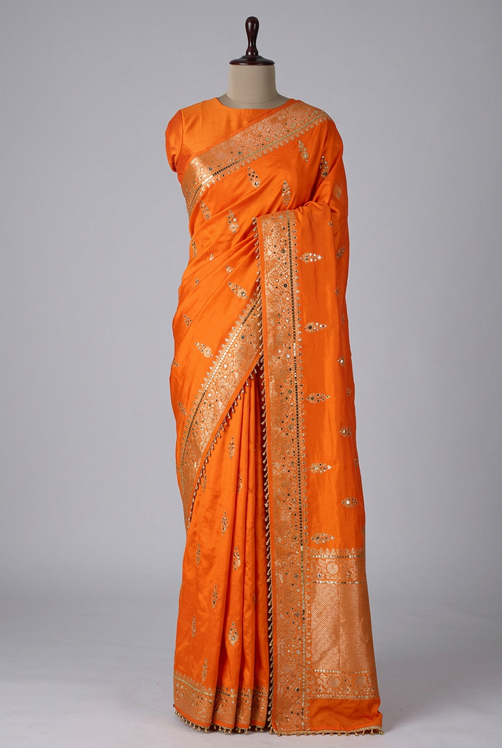 Bright Orange Chinia Silk Ghungroo Mirror Work Saree