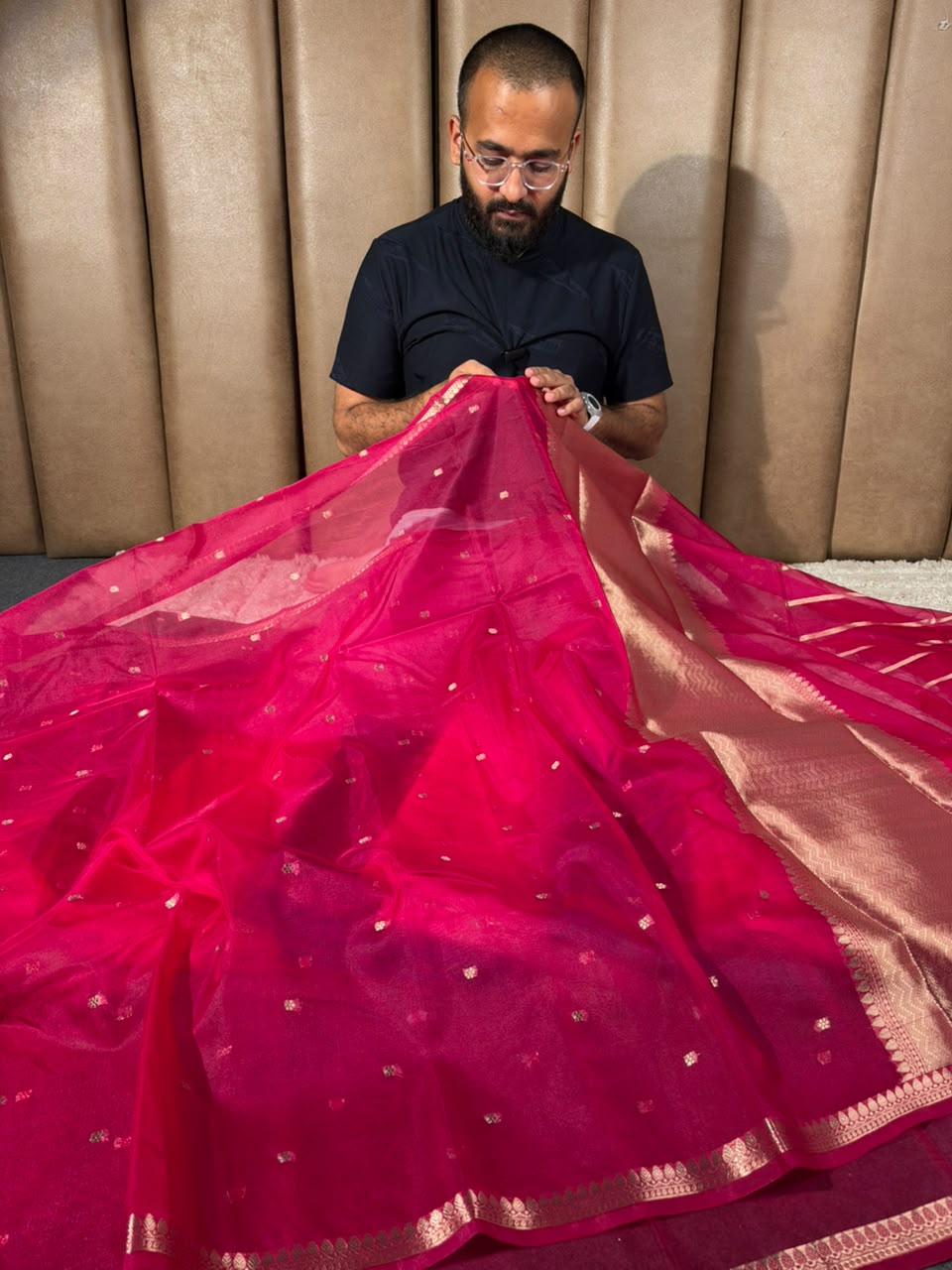 Rani Pink Kora Organza Banarasi Saree with Antique Gold Zari Border