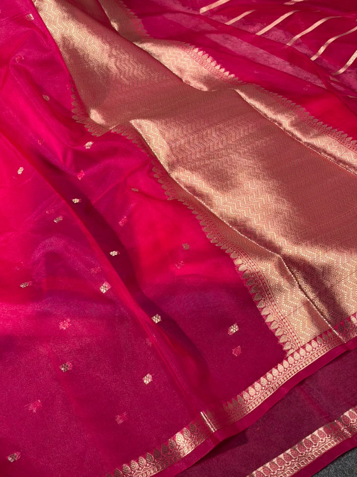 Rani Pink Kora Organza Banarasi Saree with Antique Gold Zari Border