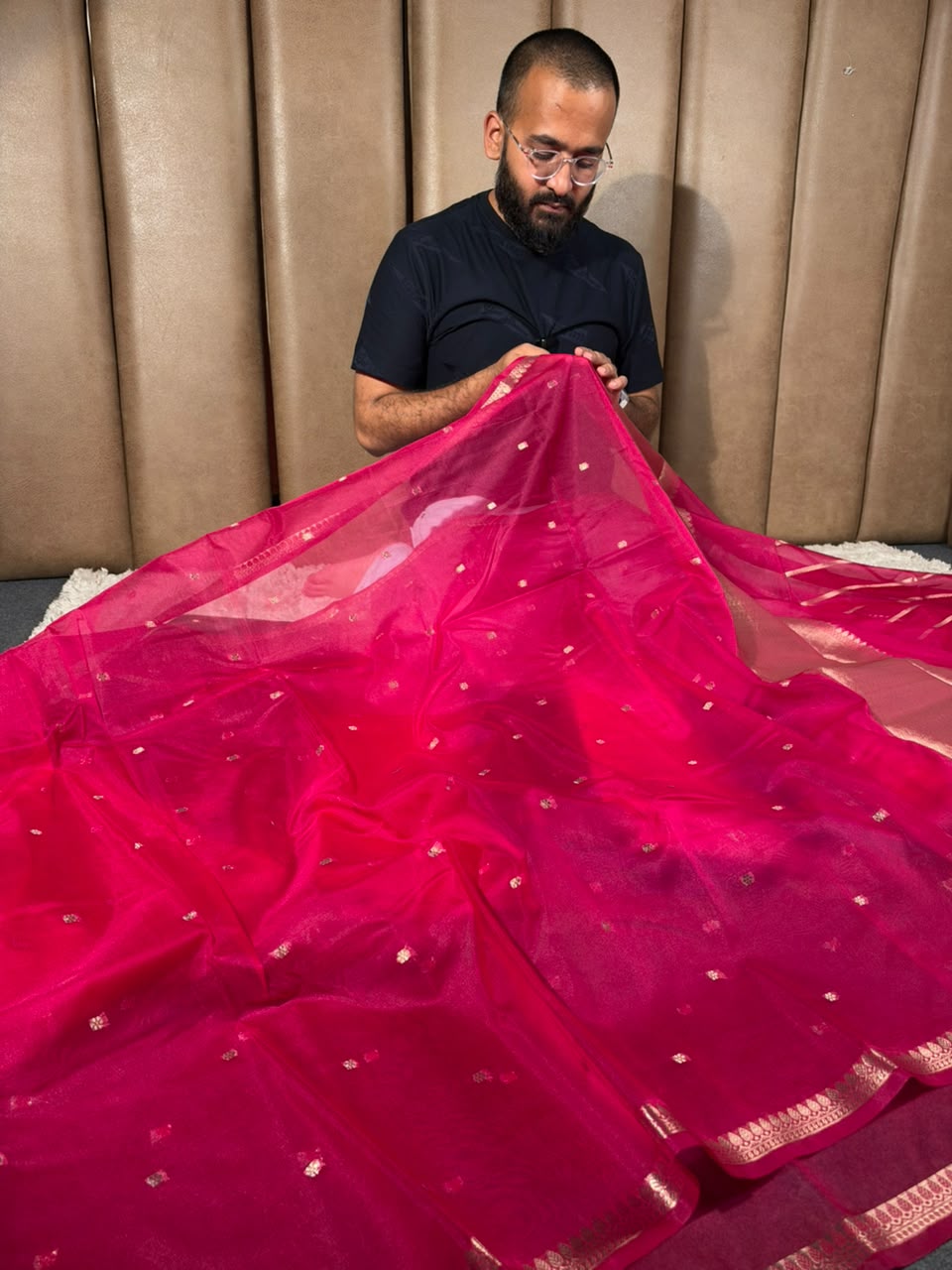 Rani Pink Kora Organza Banarasi Saree with Antique Gold Zari Border