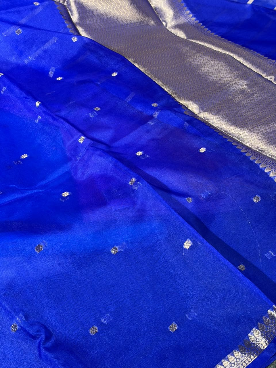 Royal Blue Kora Organza Banarasi Saree with Silver Zari Border