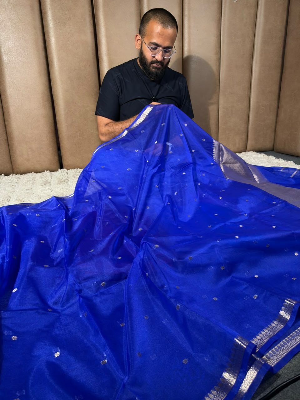 Royal Blue Kora Organza Banarasi Saree with Silver Zari Border