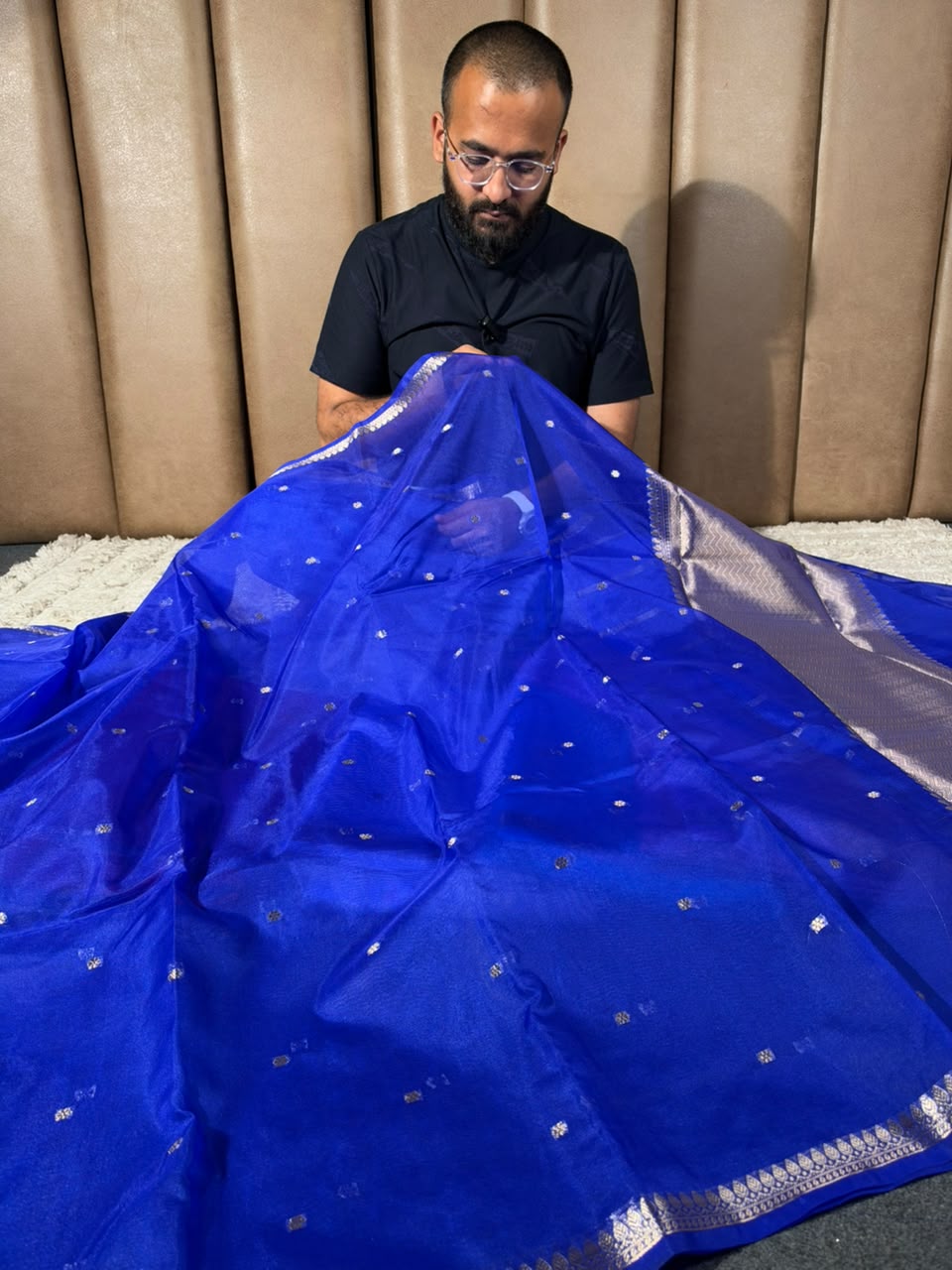 Royal Blue Kora Organza Banarasi Saree with Silver Zari Border