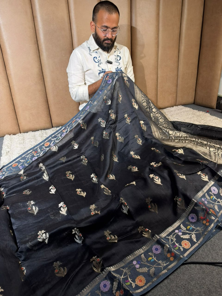 Jet Black Pure Munga Silk Heritage Banarasi Saree