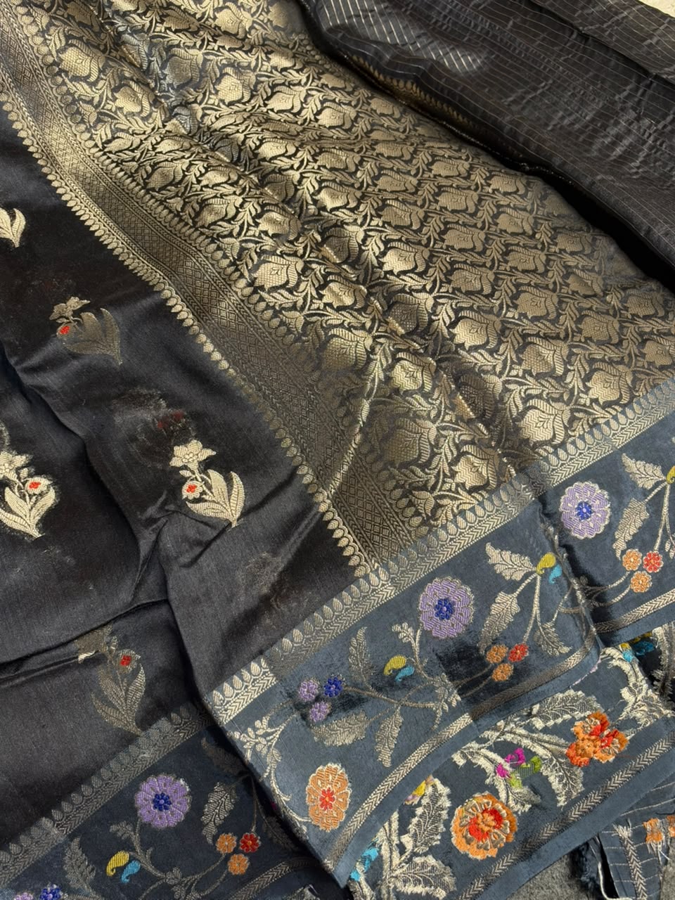 Jet Black Pure Munga Silk Heritage Banarasi Saree
