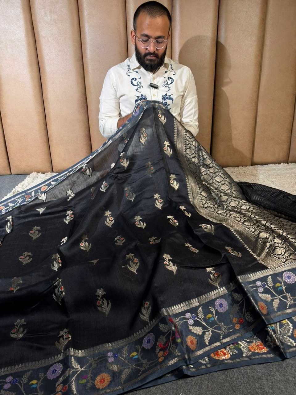 Jet Black Pure Munga Silk Heritage Banarasi Saree