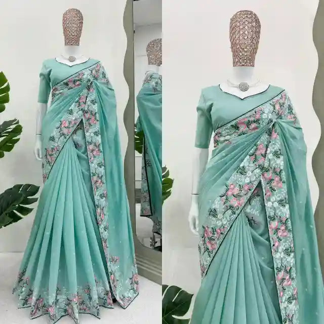 Sea Green Color Premium Softsilk Handwork Embroidered Saree