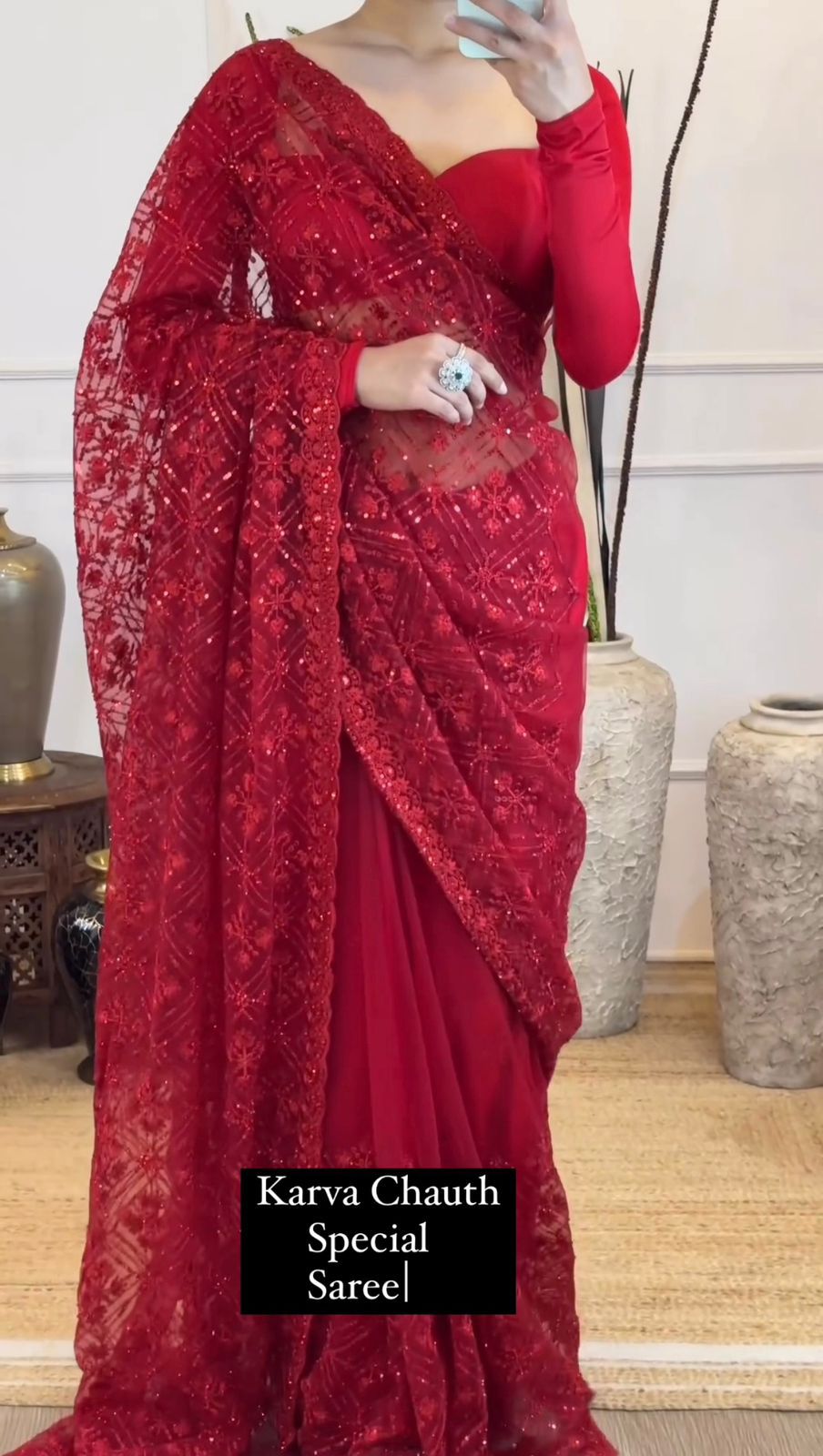 Carmine Red designer Shimmery Net Saree