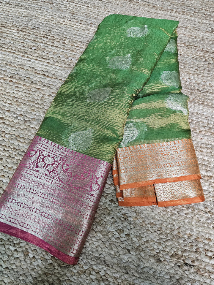 Neon Green Shade Premium Crush Tissue Silk Saree