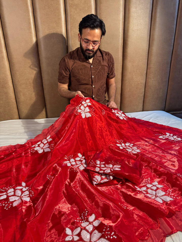 Bridal Red Shimmery Tissue Sequin Saree