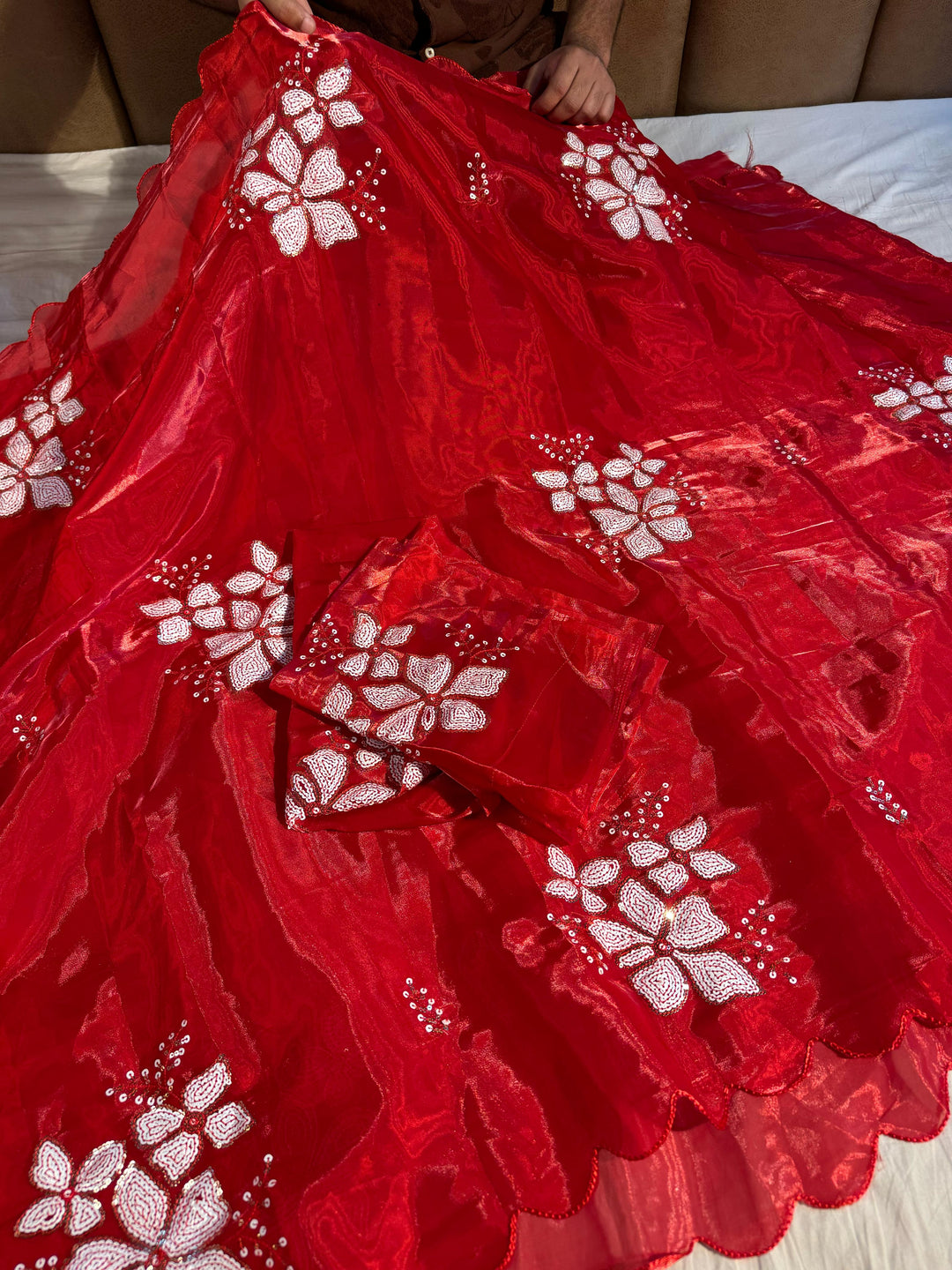 Bridal Red Shimmery Tissue Sequin Saree