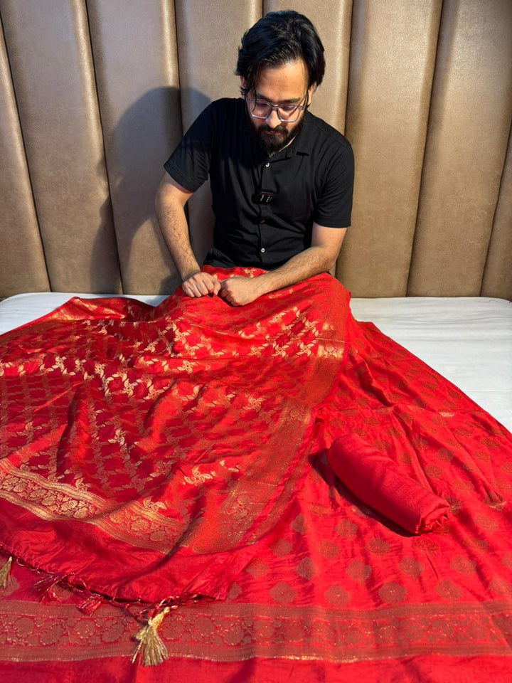 Premium Red Banarasi Cotton Suit with Rich Heritage Texture Design