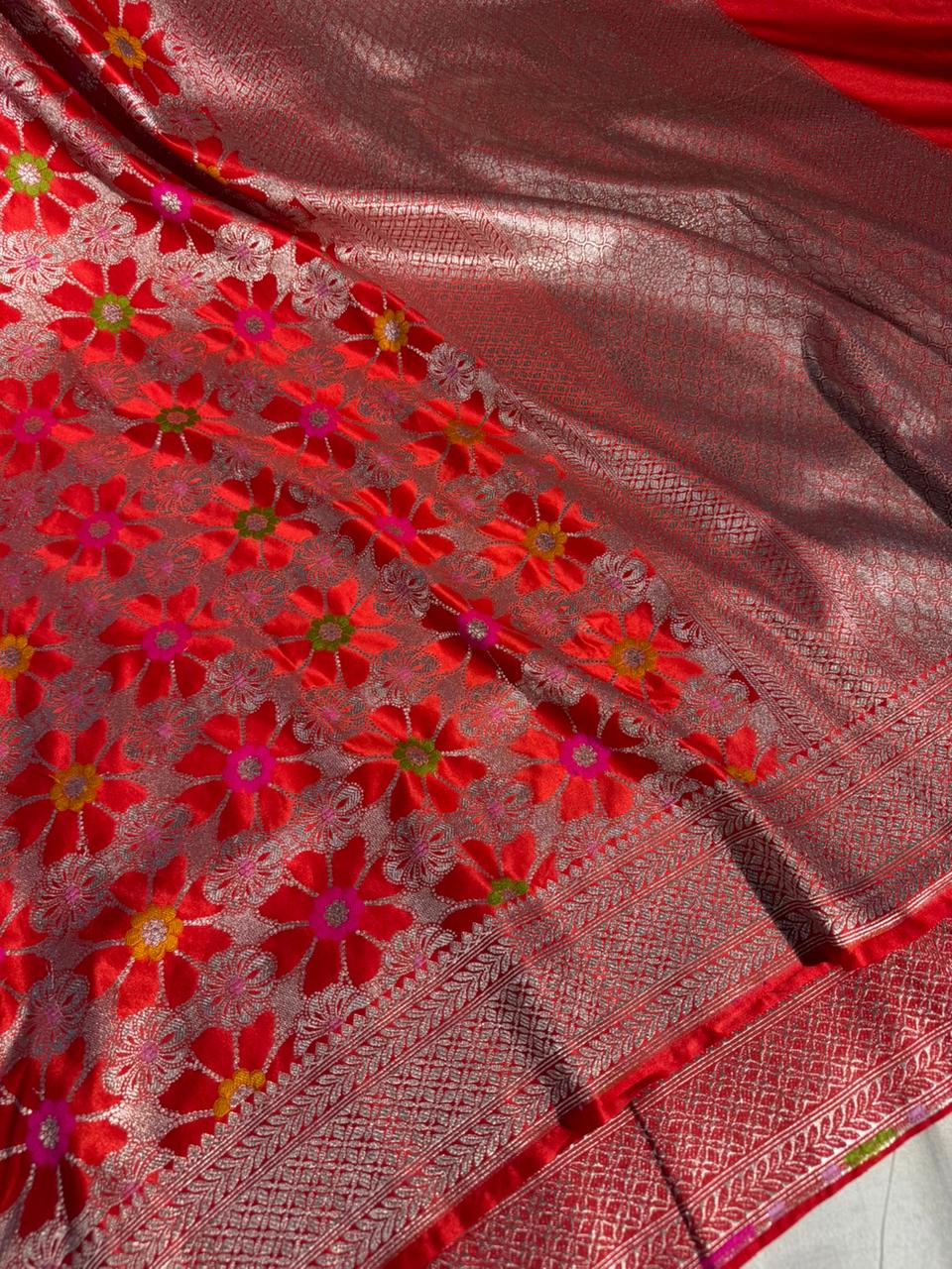 Bridal Red Mashru Katan Silk Eccentric Meenakari Banarasi Saree