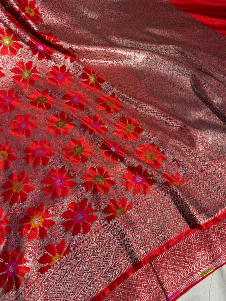 Bridal Red Mashru Katan Silk Eccentric Meenakari Banarasi Saree